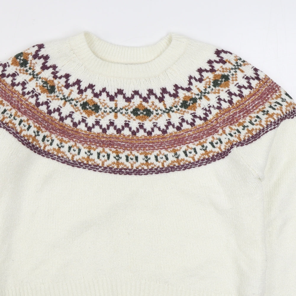 Pull&Bear Womens White Round Neck Fair Isle Acrylic Pullover Jumper Size S