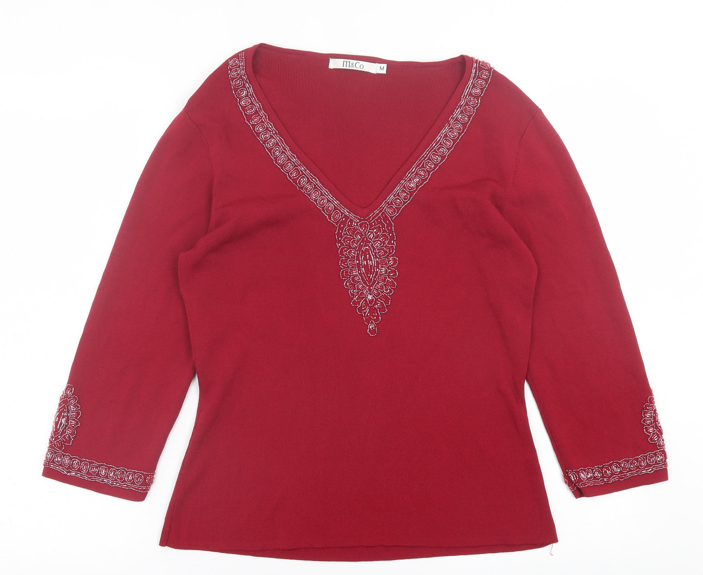 M&Co Womens Red V-Neck  Viscose Pullover Jumper Size M