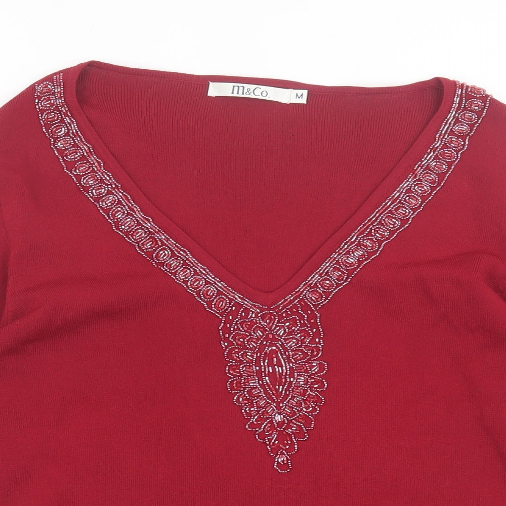 M&Co Womens Red V-Neck  Viscose Pullover Jumper Size M