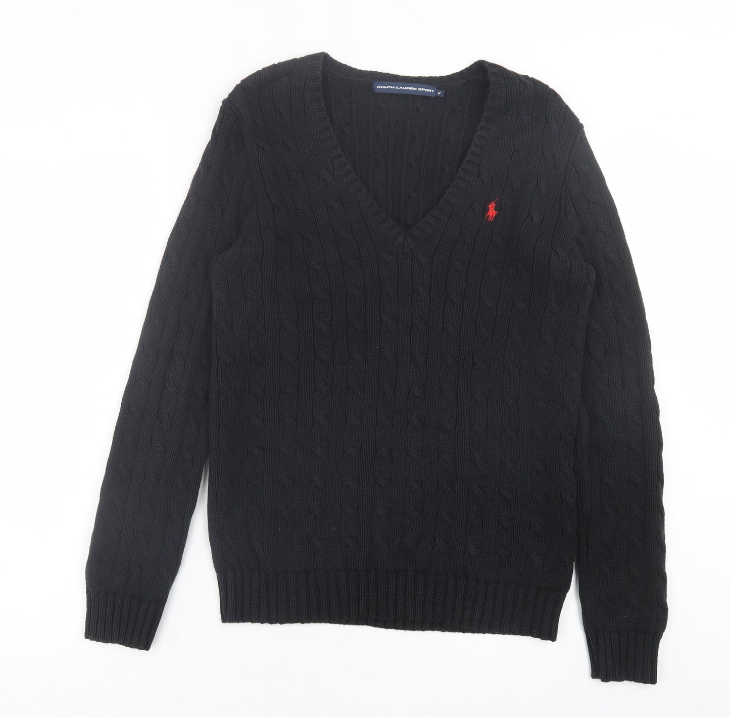 Ralph Lauren Womens Black V-Neck  Cotton Pullover Jumper Size M