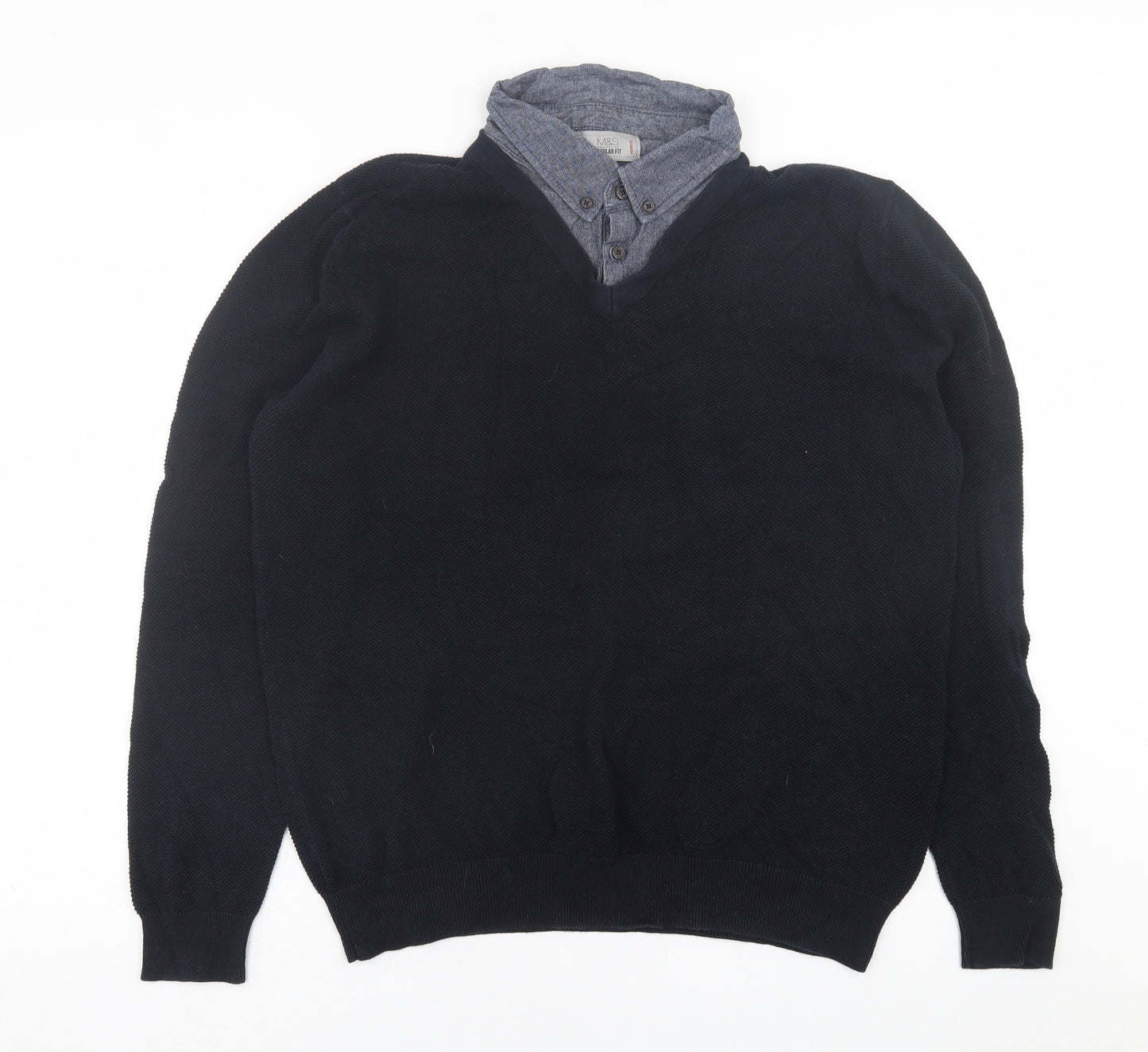 Marks and Spencer Mens Blue Collared  Cotton Pullover Jumper Size L