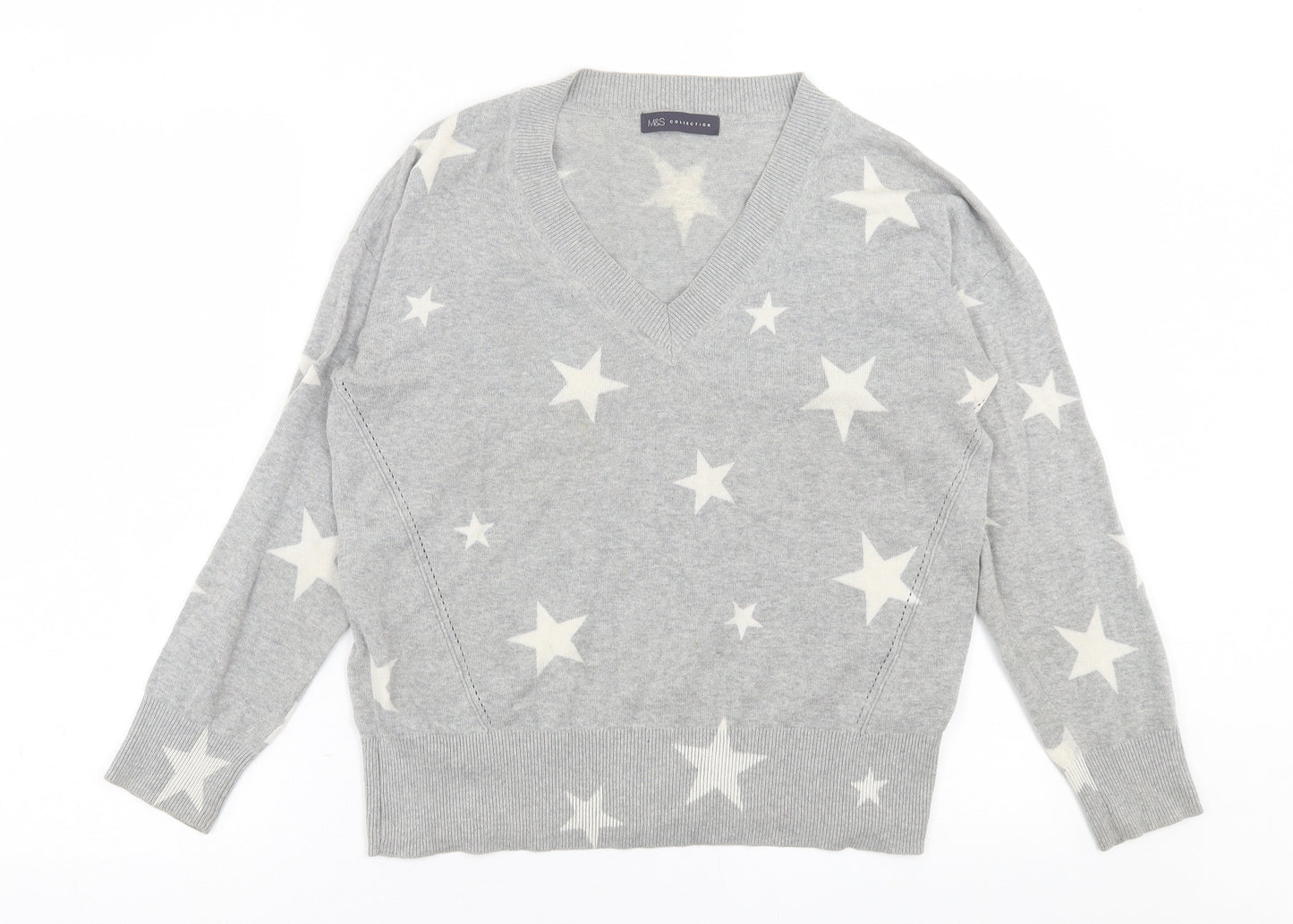 Marks and Spencer Womens Grey V-Neck Geometric Cotton Pullover Jumper Size S