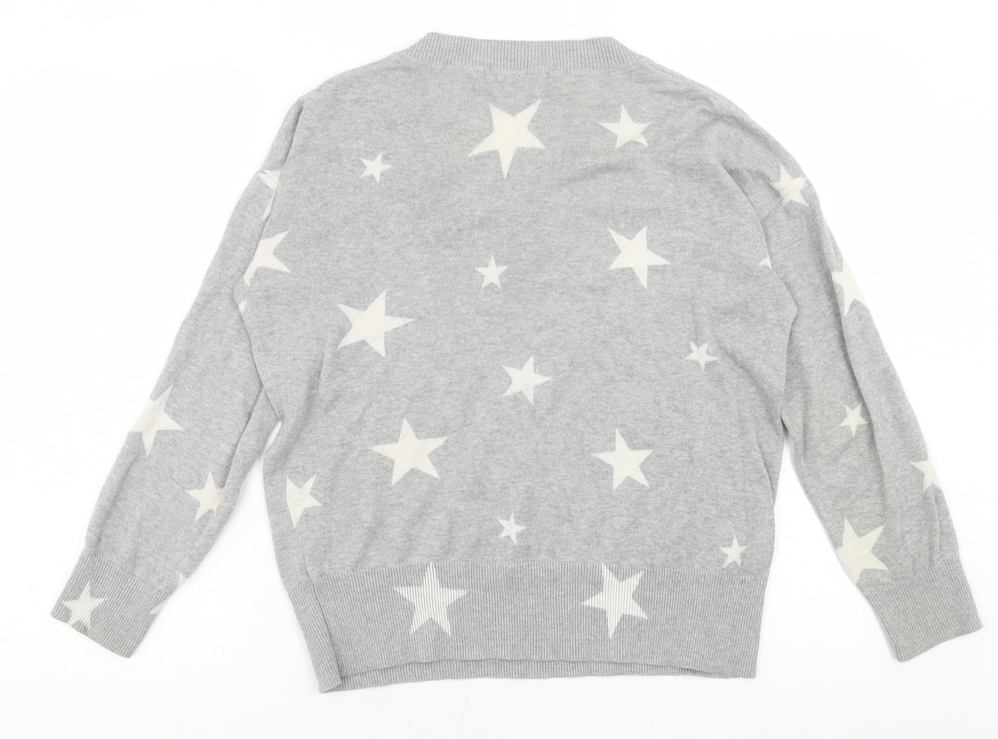 Marks and Spencer Womens Grey V-Neck Geometric Cotton Pullover Jumper Size S