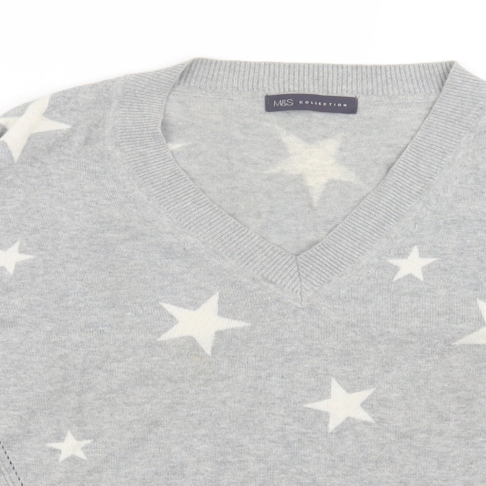 Marks and Spencer Womens Grey V-Neck Geometric Cotton Pullover Jumper Size S