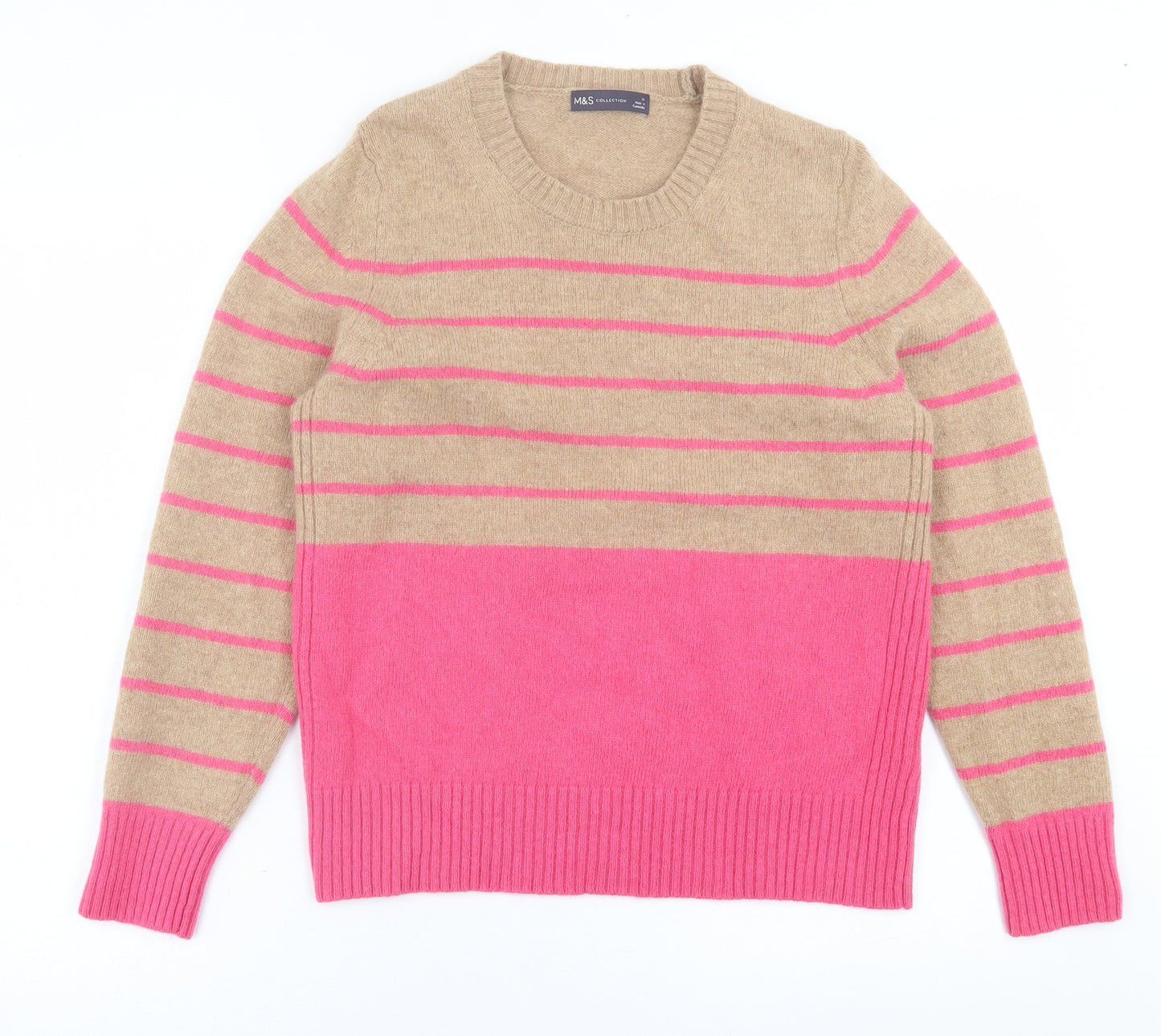 Marks and Spencer Womens Brown Crew Neck Striped Wool Pullover Jumper Size 16