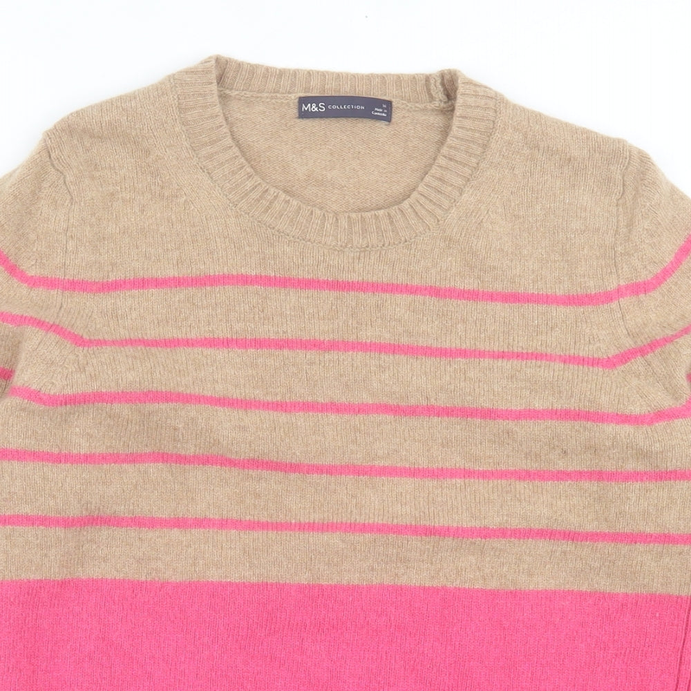 Marks and Spencer Womens Brown Crew Neck Striped Wool Pullover Jumper Size 16