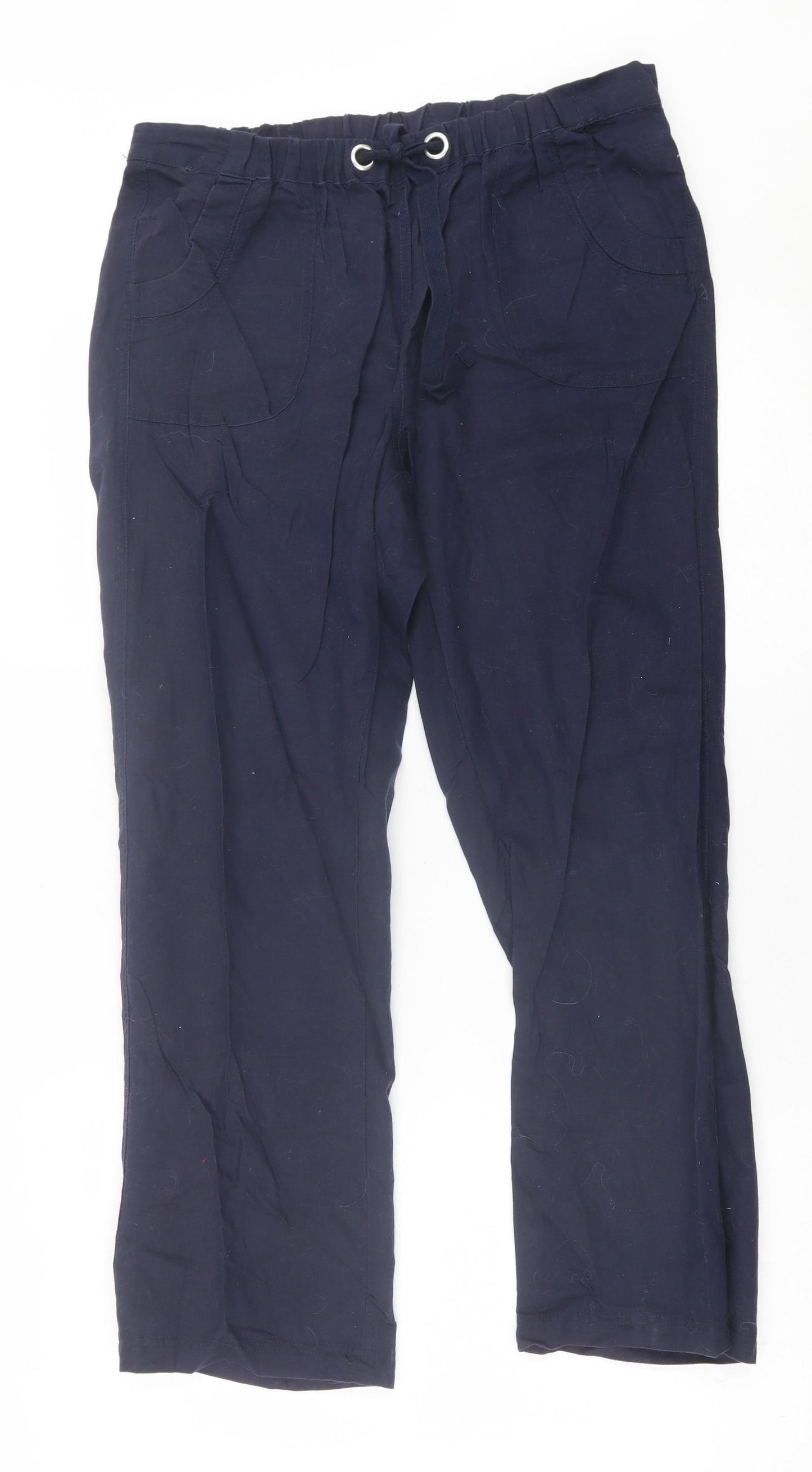 Cotton Traders Womens Blue  Linen Cropped Trousers Size 12 L27 in Regular Tie