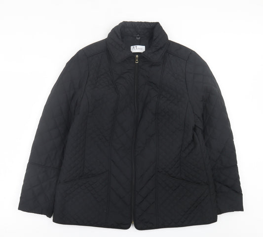 Front view of Classics women’s black quilted jacket, size UK 16, zip