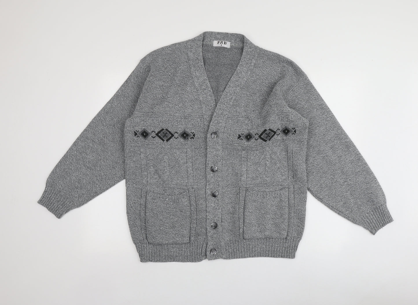 fab Mens Grey V-Neck Geometric Acrylic Cardigan Jumper Size L