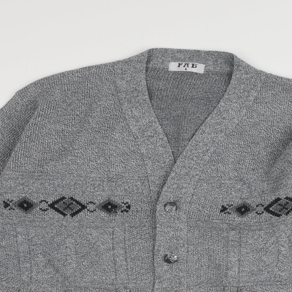 fab Mens Grey V-Neck Geometric Acrylic Cardigan Jumper Size L
