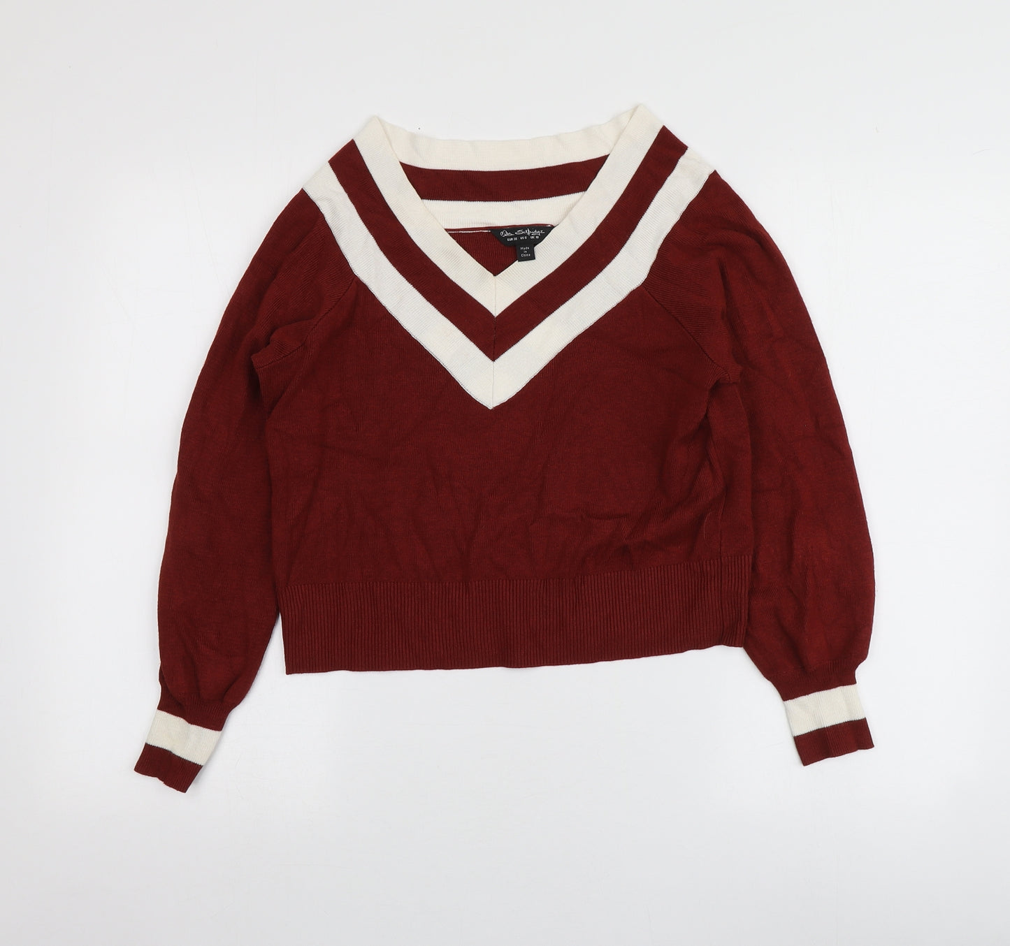 Miss Selfridge Womens Brown V-Neck Striped Viscose Pullover Jumper Size 10