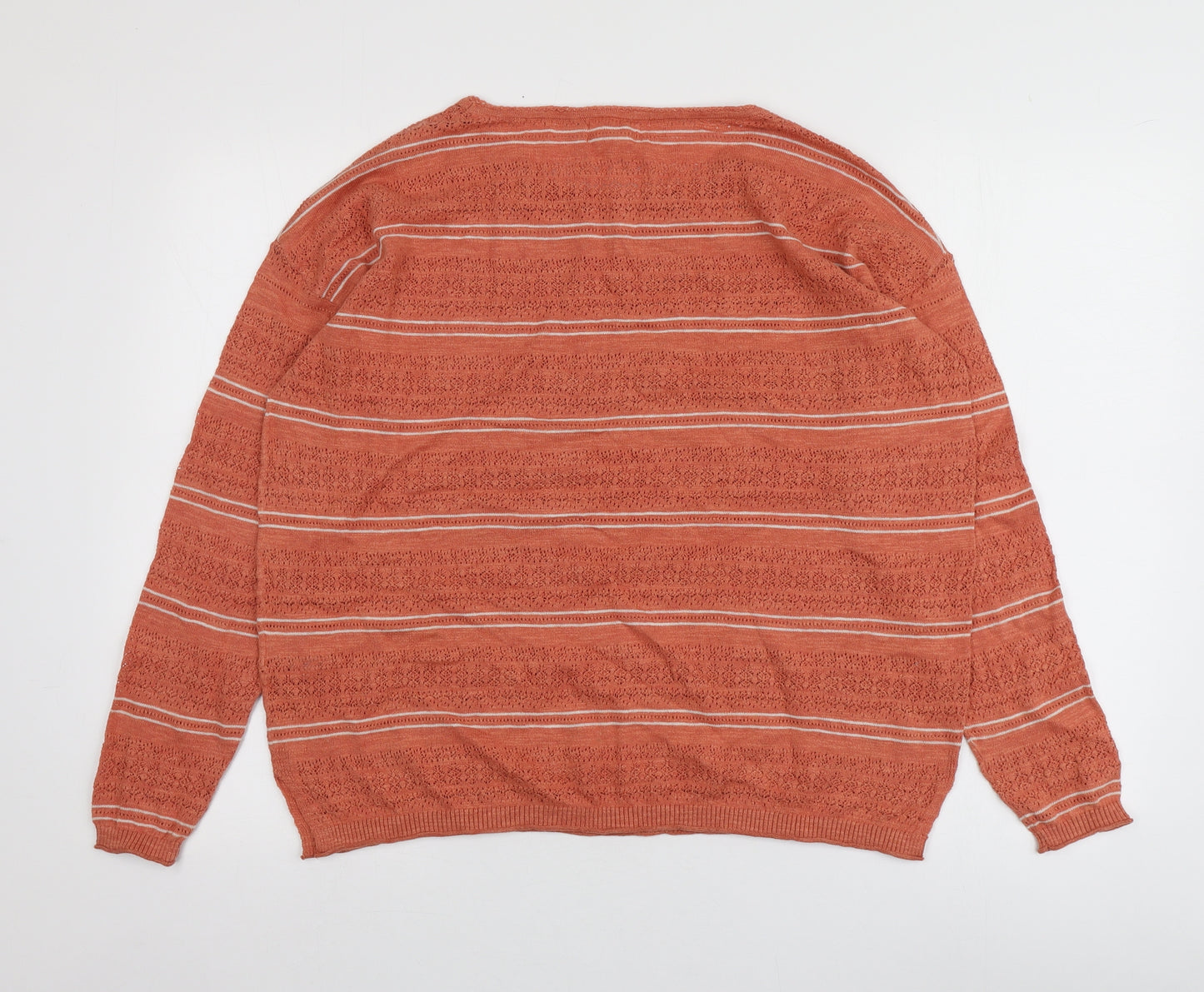 Fat Fsce Womens Orange Round Neck Striped Cotton Pullover Jumper Size 14