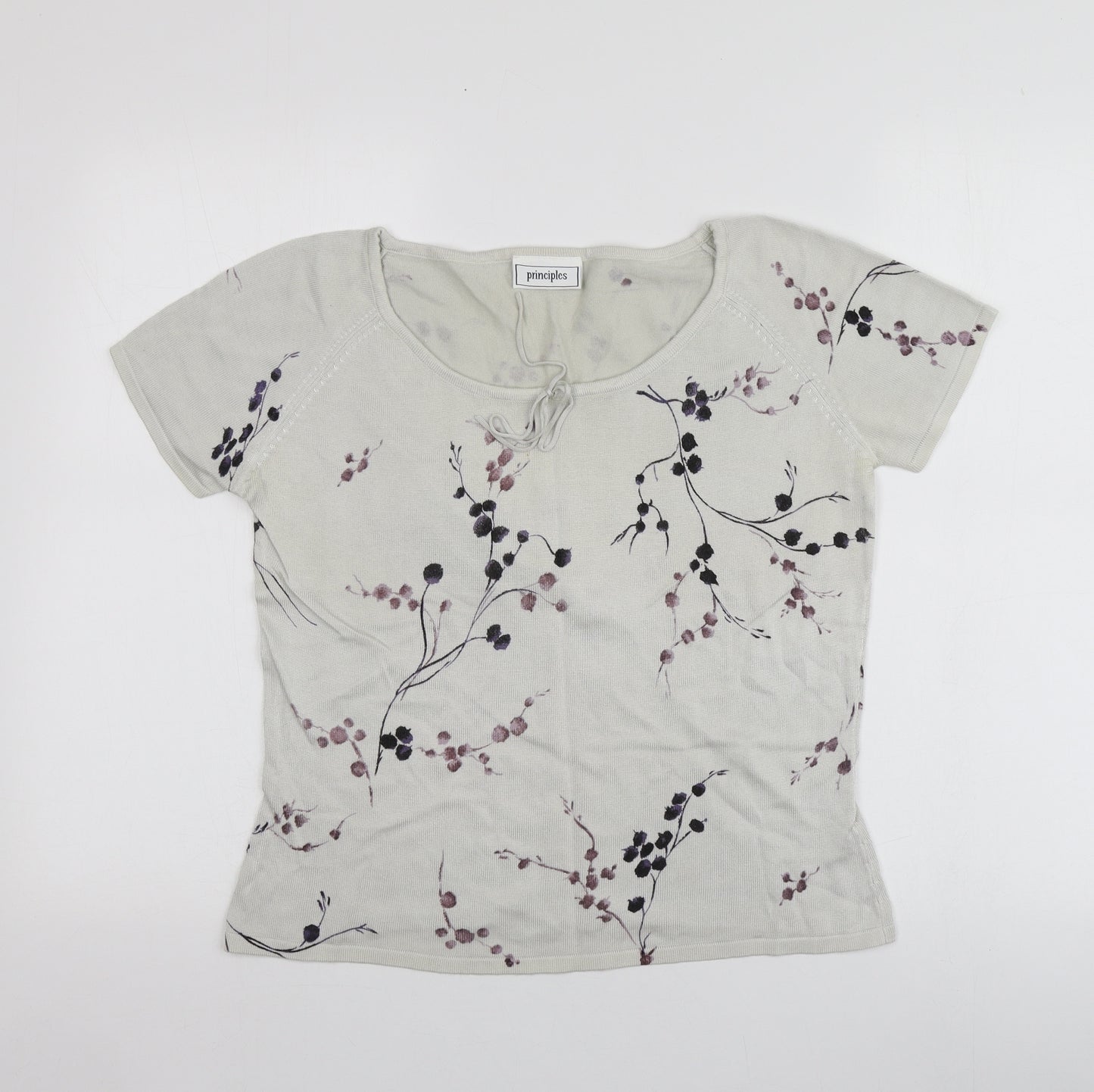 Principles Womens Grey Floral Cotton Basic T-Shirt Size 14 Round Neck