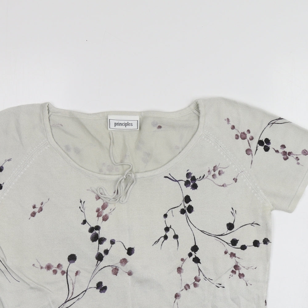 Principles Womens Grey Floral Cotton Basic T-Shirt Size 14 Round Neck