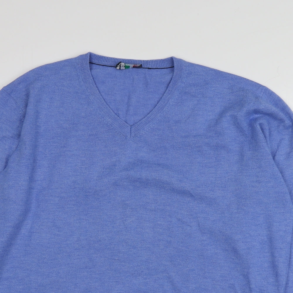 Jo Sorrento Mens Blue V-Neck  Linen Pullover Jumper Size L