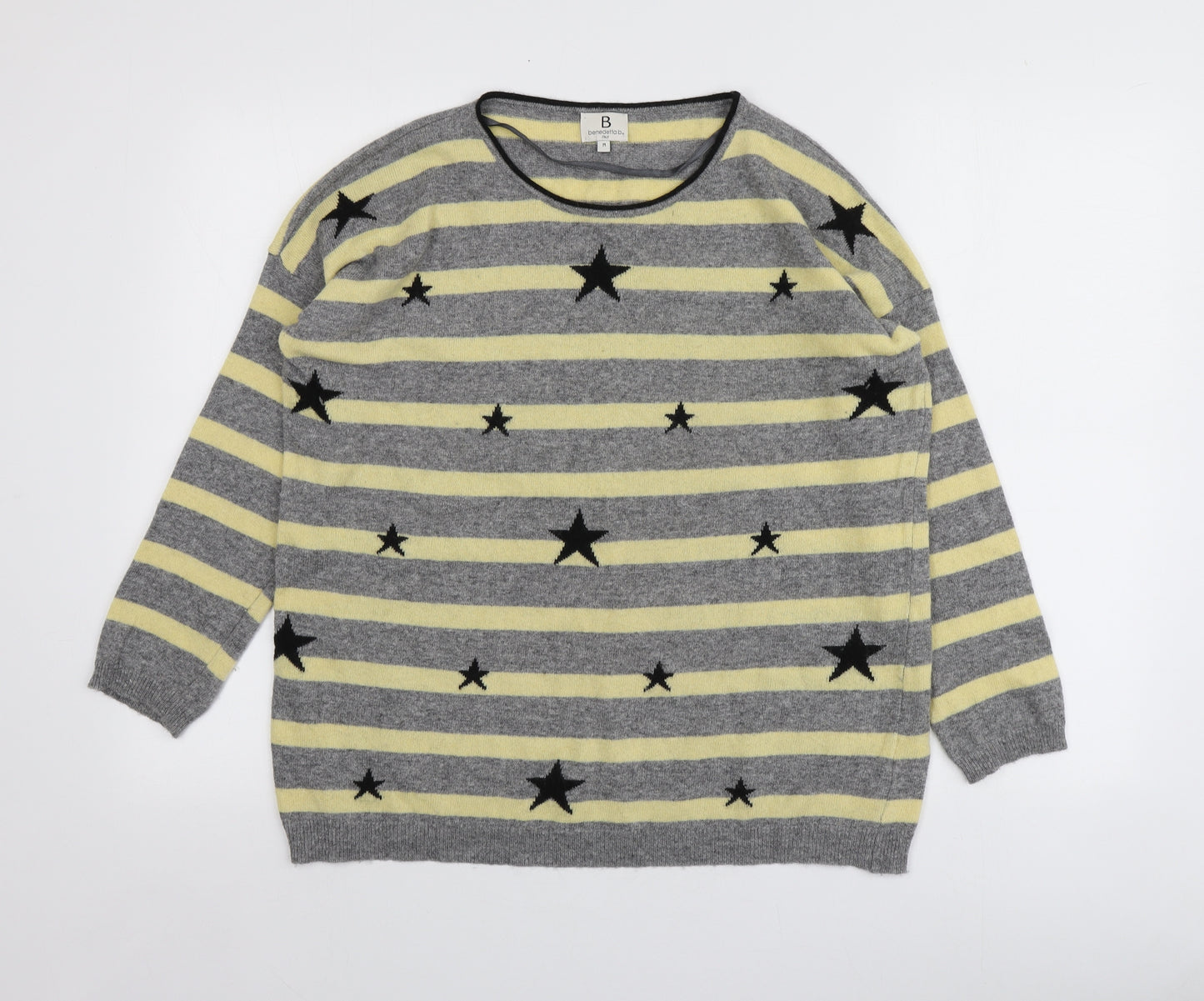 Benedetta Womens Grey Round Neck Striped Wool Pullover Jumper Size M
