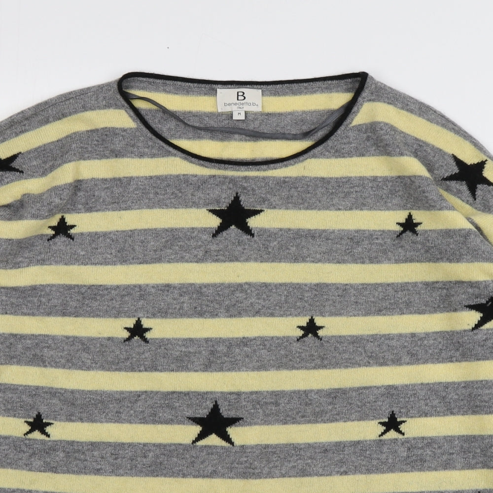 Benedetta Womens Grey Round Neck Striped Wool Pullover Jumper Size M