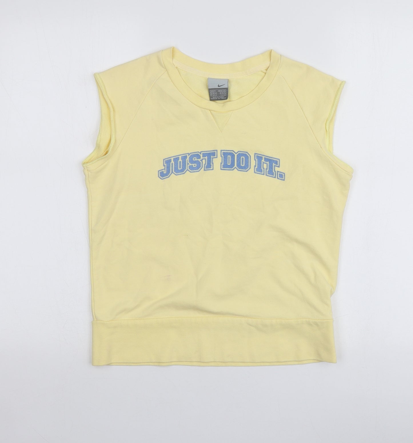 Nike  Womens Yellow Geometric Cotton Basic T-Shirt Size M Round Neck