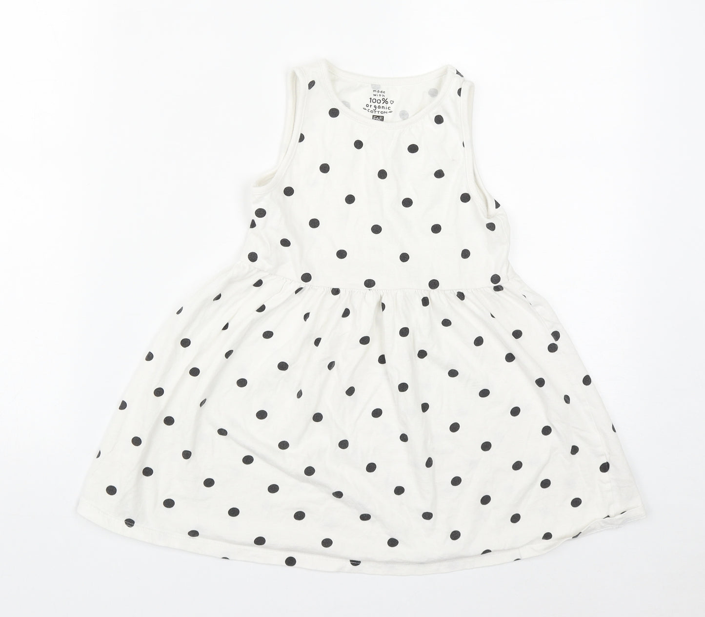 F&F Girls White Polka Dot Cotton Fit & Flare  Size 6-7 Years  Round Neck