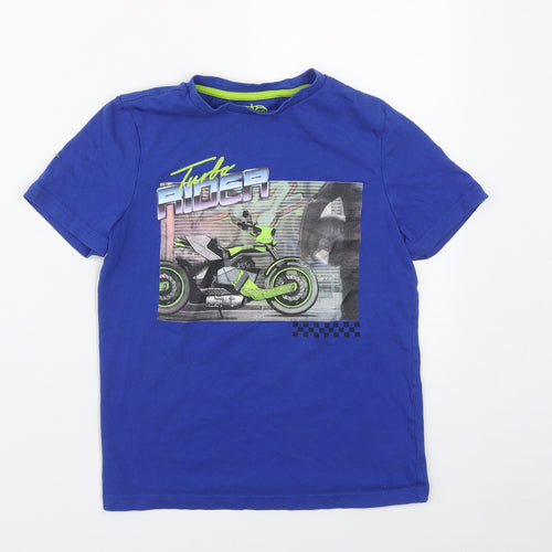 F&F Boys Blue  Cotton Basic T-Shirt Size 9-10 Years Round Neck  - Motorbike print