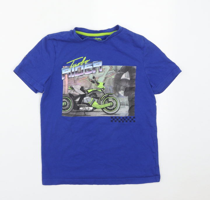 F&F Boys Blue Cotton Basic T-Shirt Size 9-10 Years Round Neck - Motorbike print