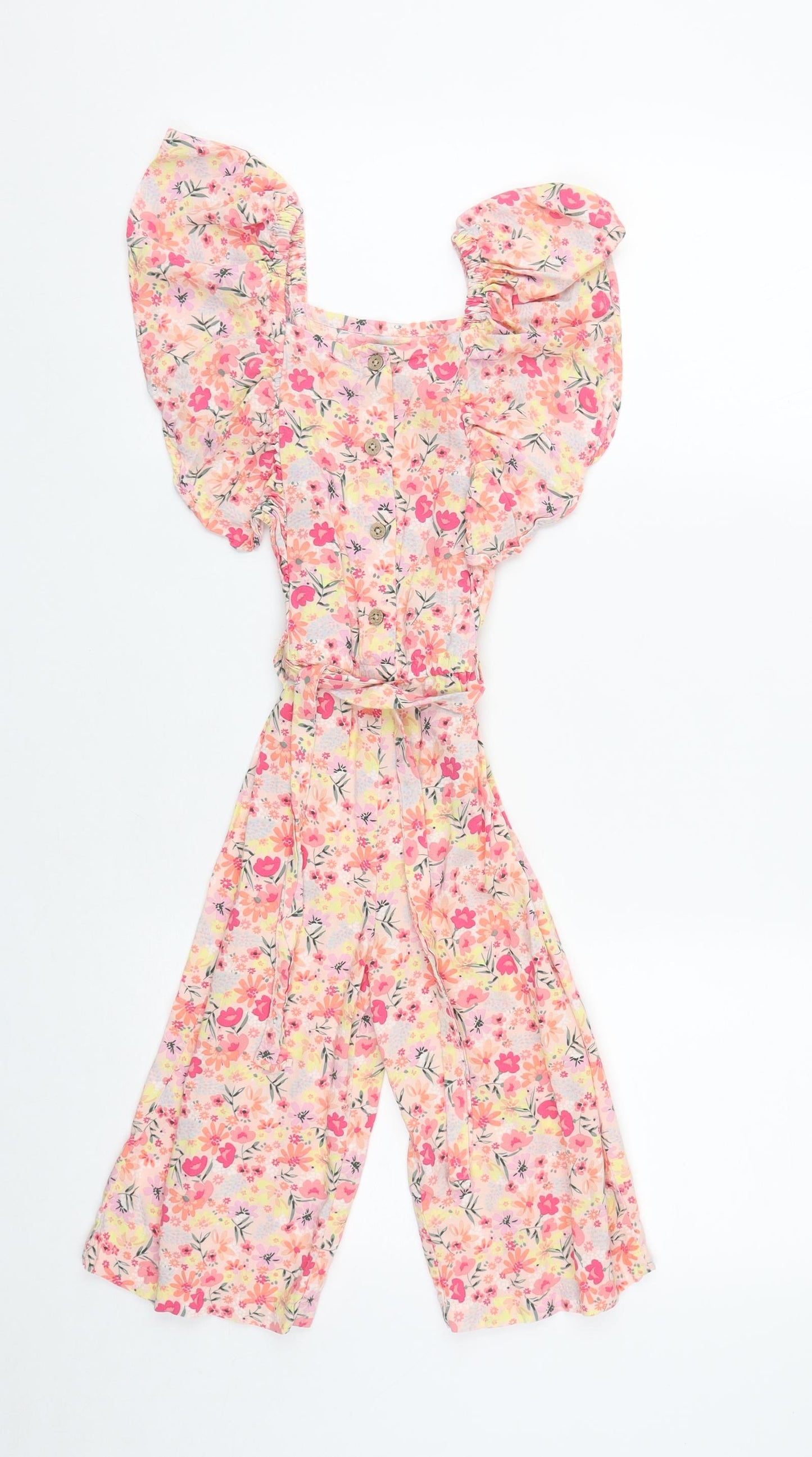 F&F Girls Multicoloured Floral Viscose Playsuit One-Piece Size 6-7 Years  Button