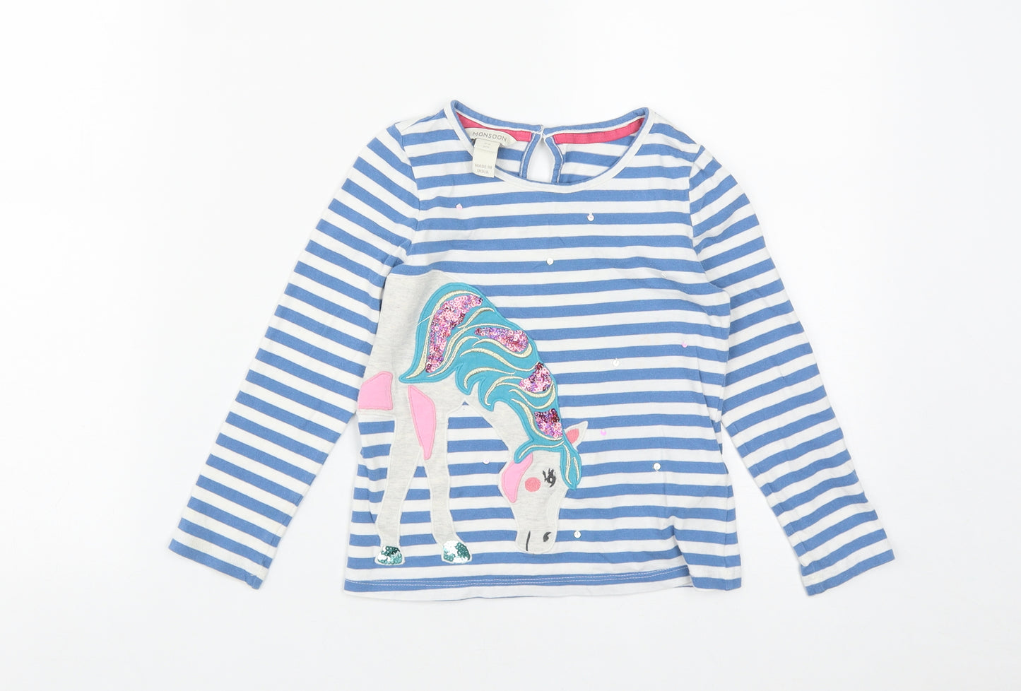 Monsoon Girls Blue Striped Cotton Basic T-Shirt Size 5-6 Years Round Neck Button - Unicorn