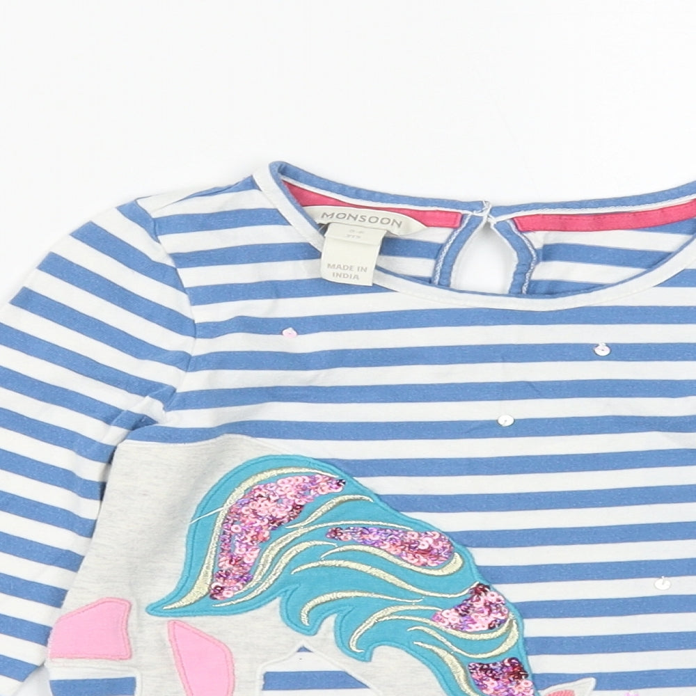 Monsoon Girls Blue Striped Cotton Basic T-Shirt Size 5-6 Years Round Neck Button - Unicorn