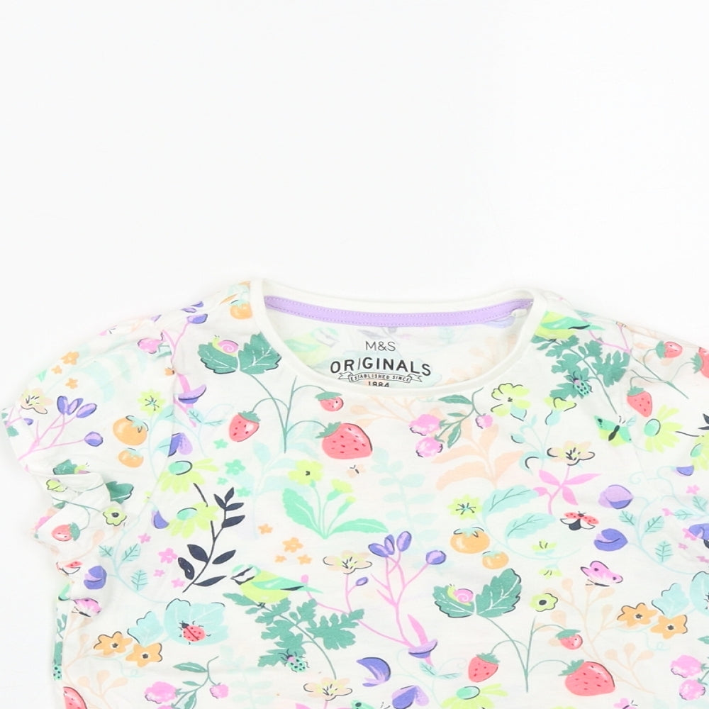 Marks and Spencer Girls Multicoloured Geometric Cotton Basic T-Shirt Size 5-6 Years Round Neck