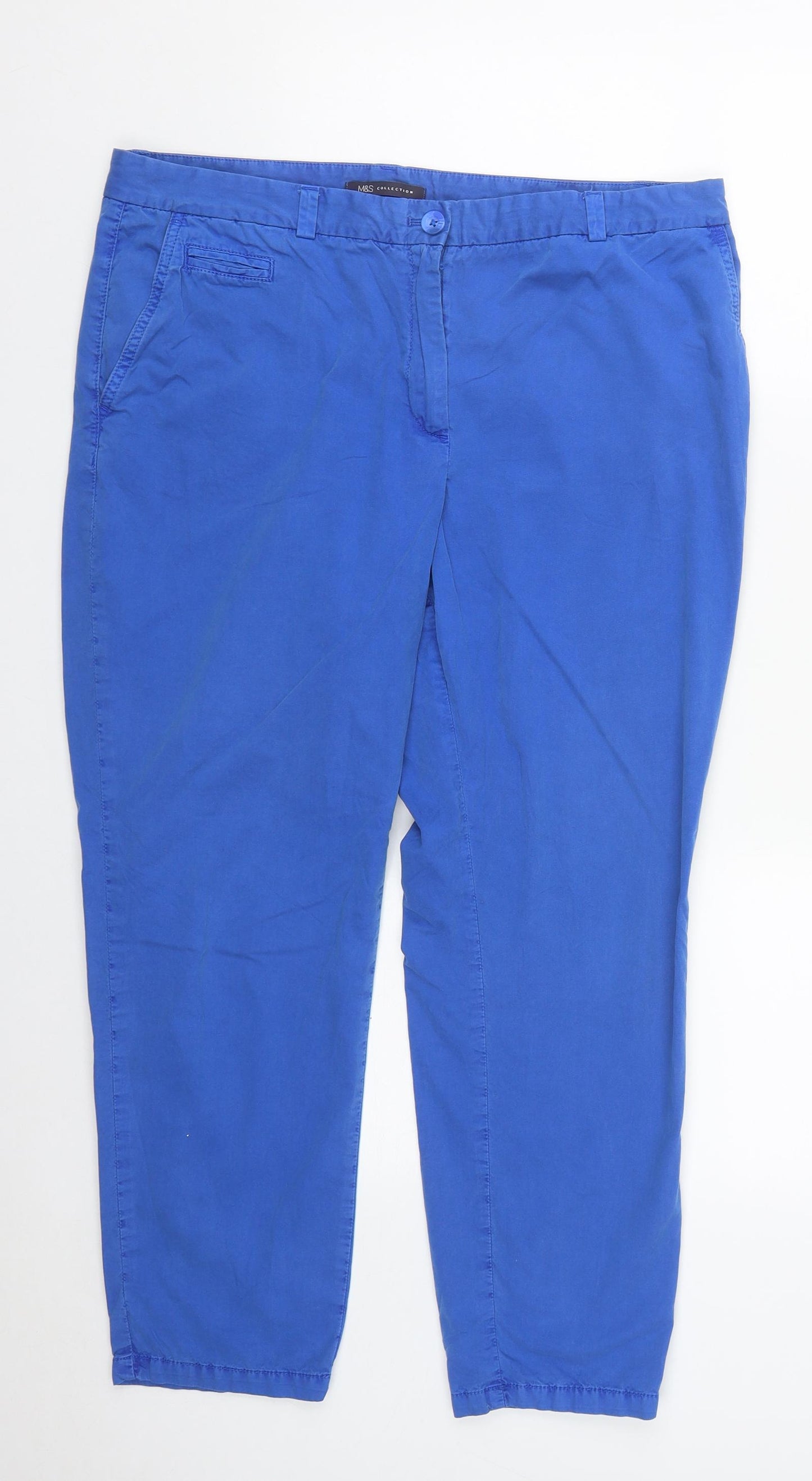 Marks and Spencer Womens Blue  Cotton Cropped Trousers Size 16 L25 in Regular Zip