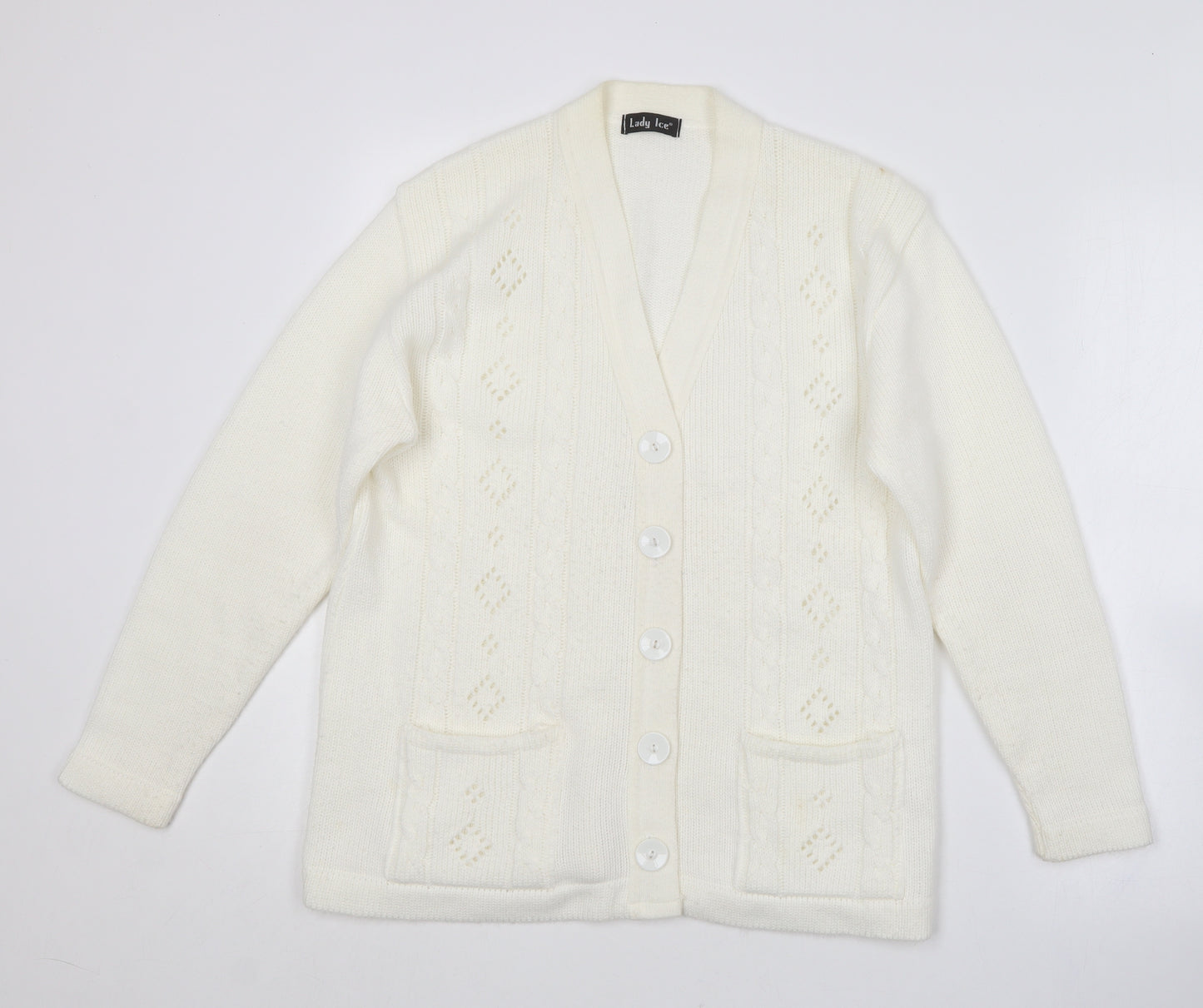 Lady ice Womens Ivory V-Neck  Acrylic Cardigan Jumper Size M   - Size M/L