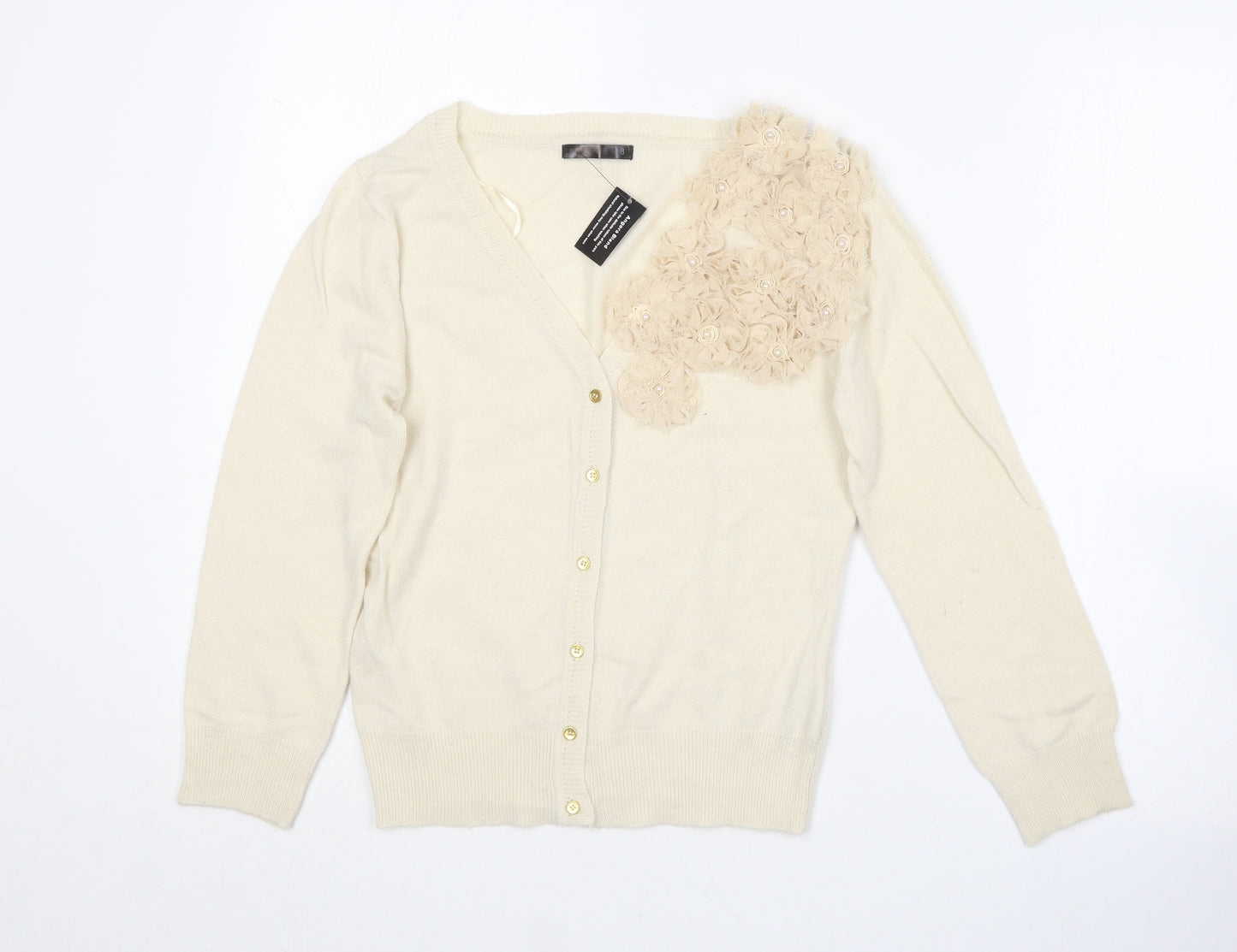 Dunnes Stores Womens Beige V-Neck  Nylon Cardigan Jumper Size 8