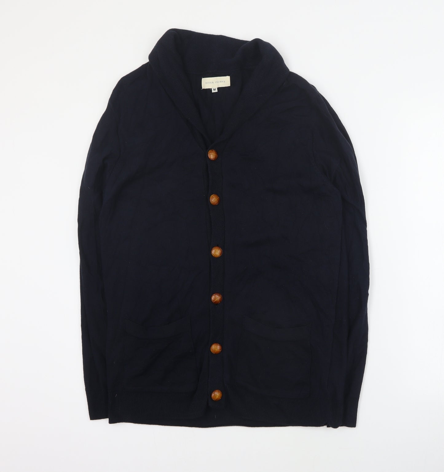 River Island Mens Blue V-Neck  Cotton Cardigan Jumper Size M