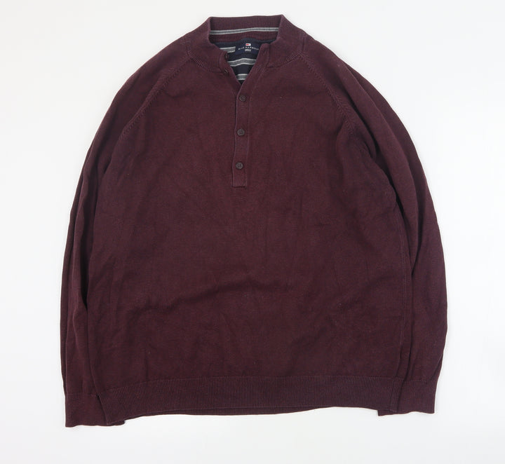 Blue Harbour Mens Red V-Neck Cotton Henley Jumper Size XL