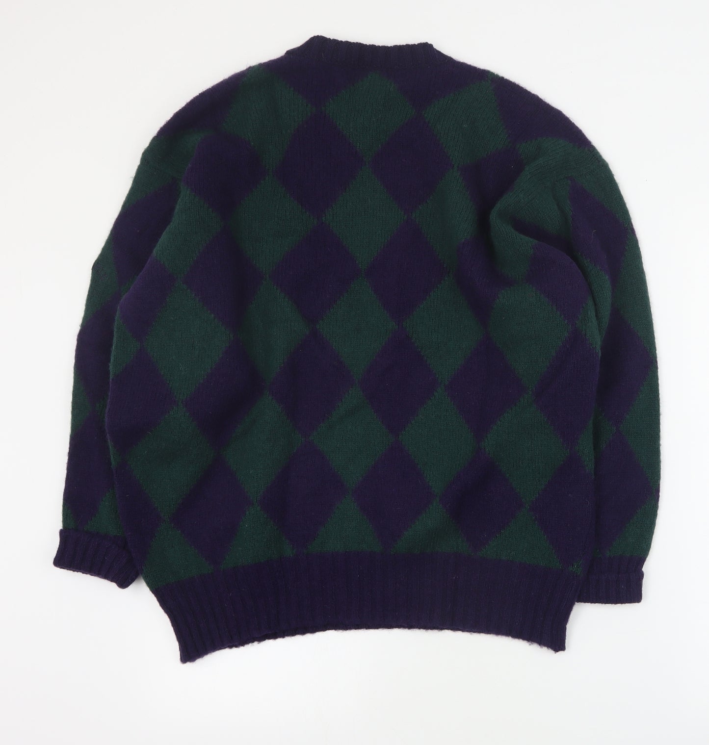 Aneglo Mens Blue Round Neck Check Wool Pullover Jumper Size XL