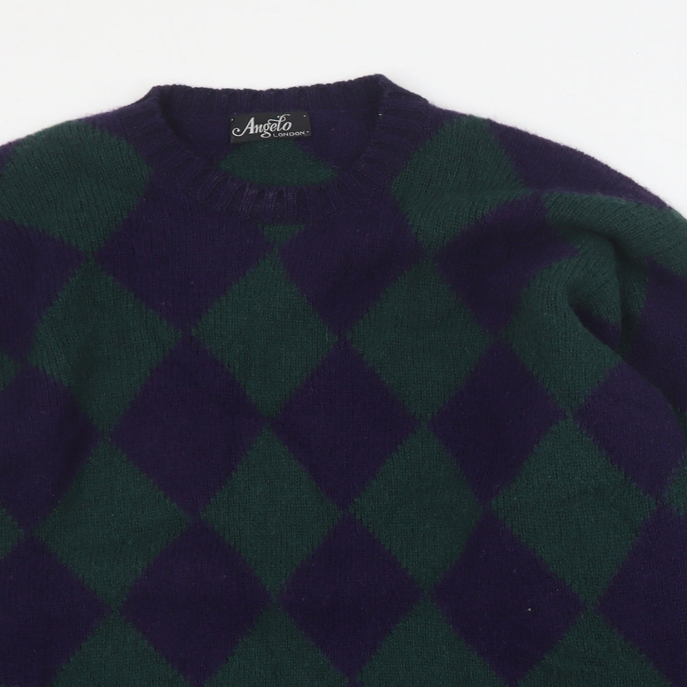 Aneglo Mens Blue Round Neck Check Wool Pullover Jumper Size XL