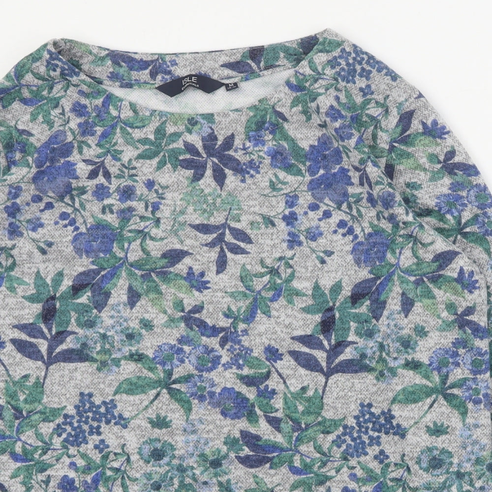 Isle Womens Blue Round Neck Floral Polyester Pullover Jumper Size M