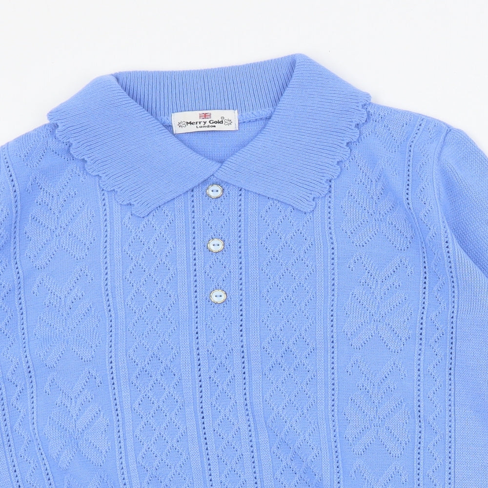 Merry Gold Womens Blue Collared  Acrylic Pullover Jumper Size S