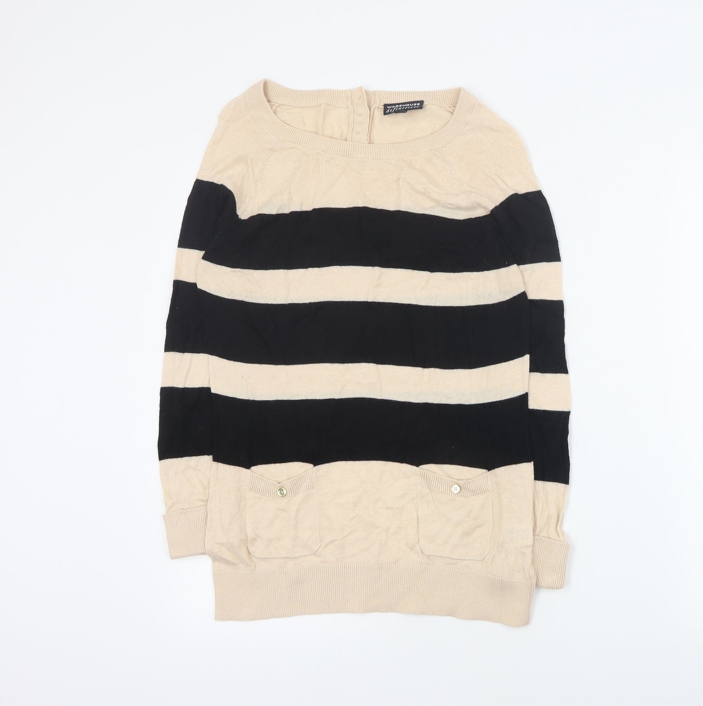 Warehouse Womens Pink Round Neck Striped Cotton Pullover Jumper Size 14