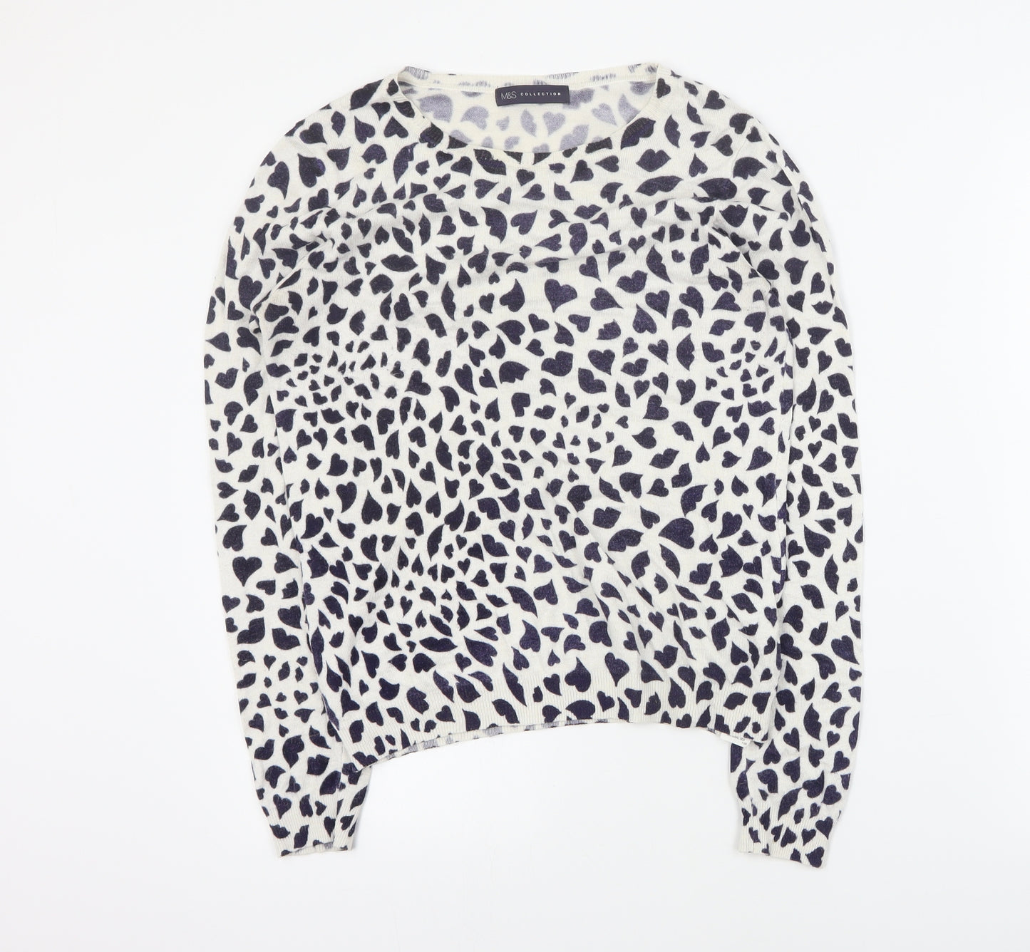 Marks and Spencer Womens Blue Round Neck Geometric Viscose Pullover Jumper Size 8   - Hearts