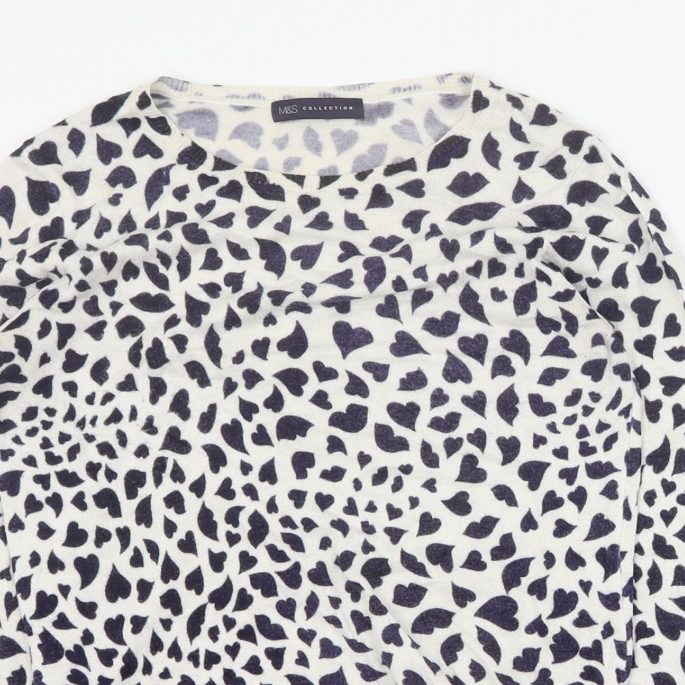 Marks and Spencer Womens Blue Round Neck Geometric Viscose Pullover Jumper Size 8   - Hearts