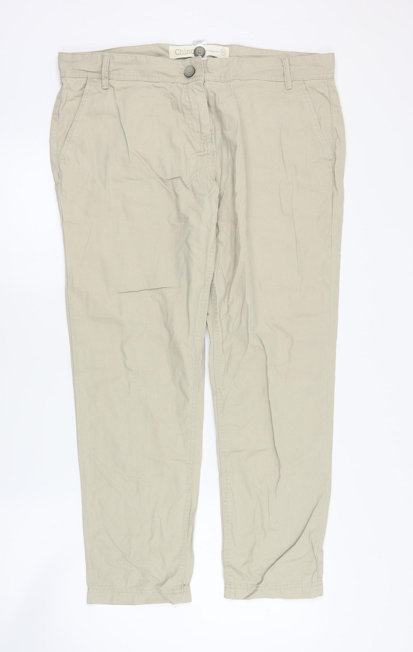 NEXT Womens Beige  Cotton Chino Trousers Size 16 L28 in Regular Zip