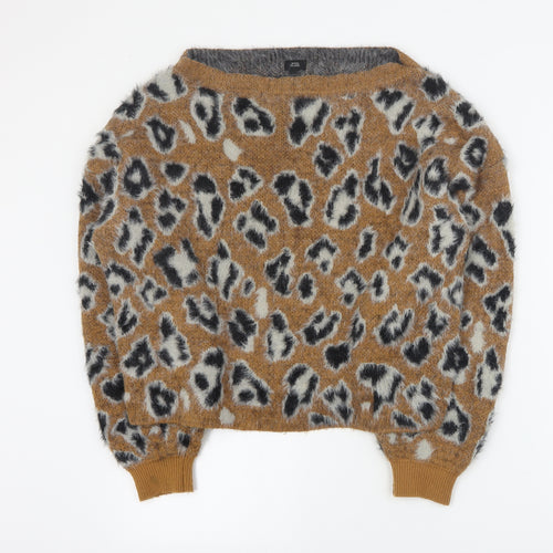River Island Womens Orange Boat Neck Animal Print Acrylic Pullover Jumper Size 10