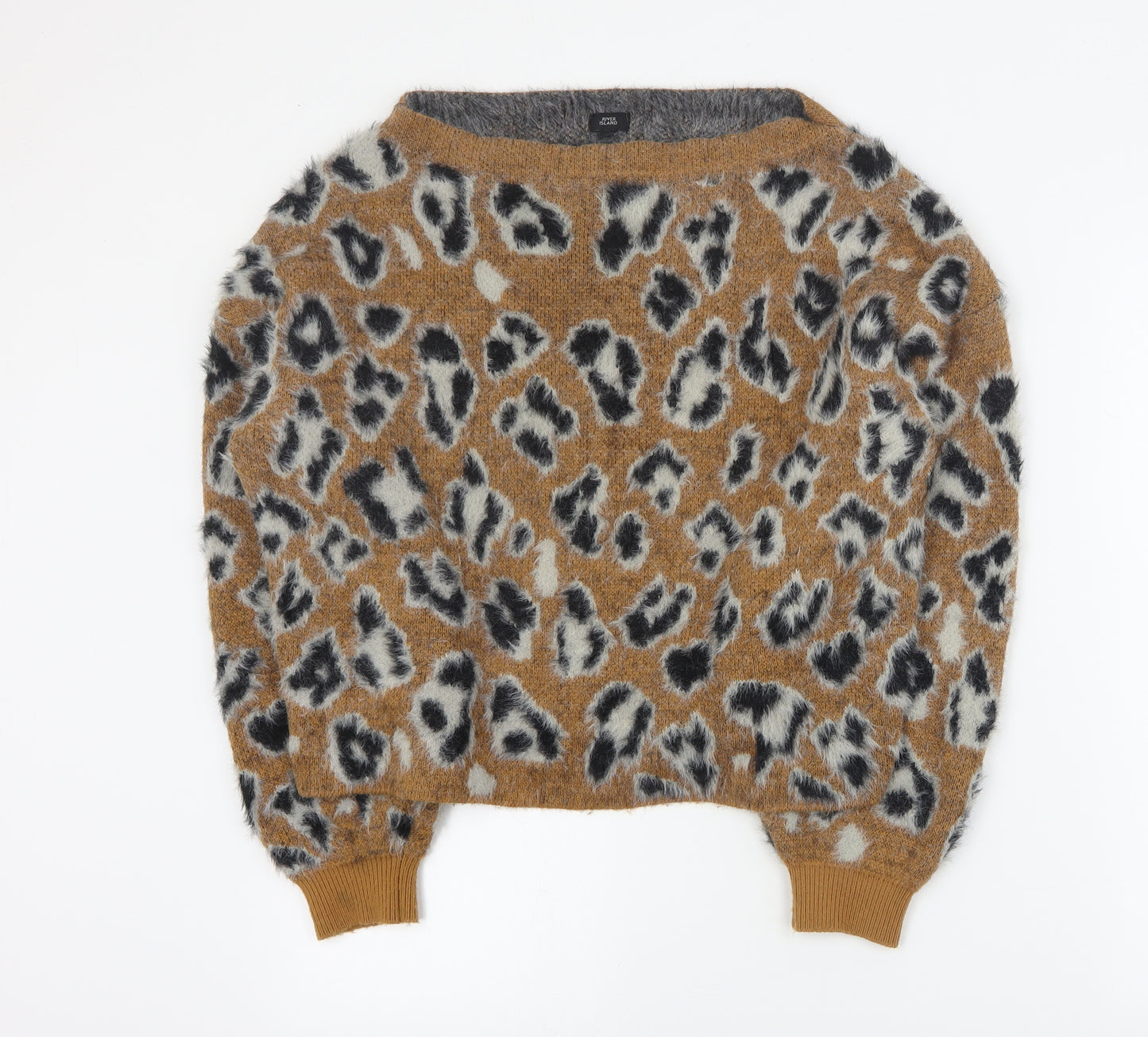 River Island Womens Orange Boat Neck Animal Print Acrylic Pullover Jumper Size 10