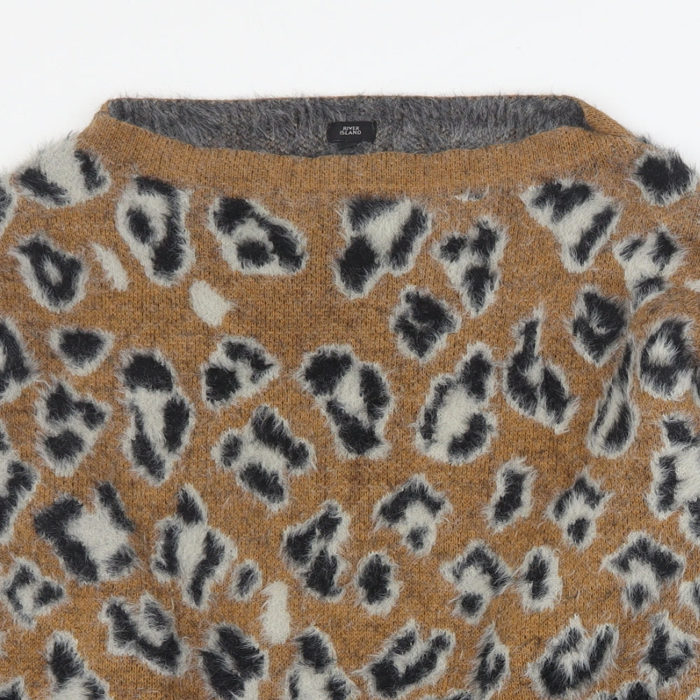 River Island Womens Orange Boat Neck Animal Print Acrylic Pullover Jumper Size 10