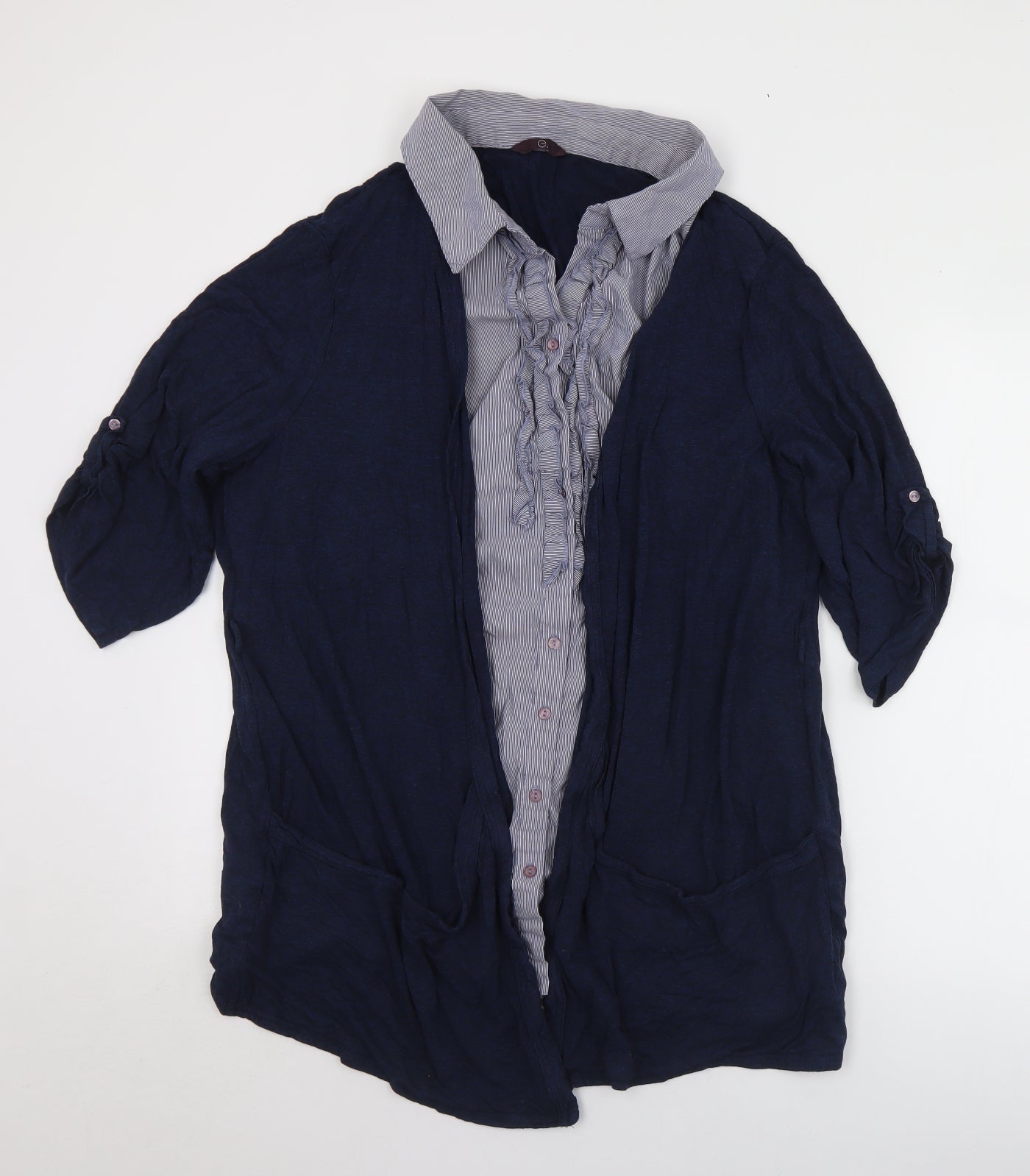 Evans Womens Blue Striped Viscose Jersey Button-Up Size 28 Collared