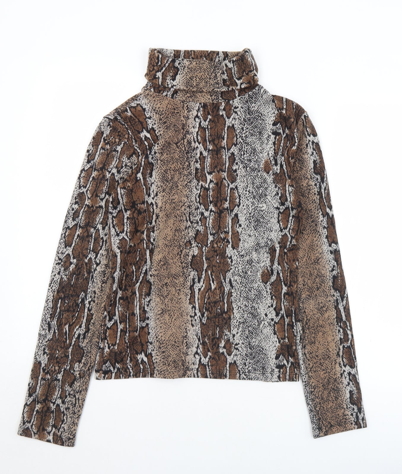 Zara Womens Brown Animal Print Polyester Jersey Polo Size 14 Roll Neck