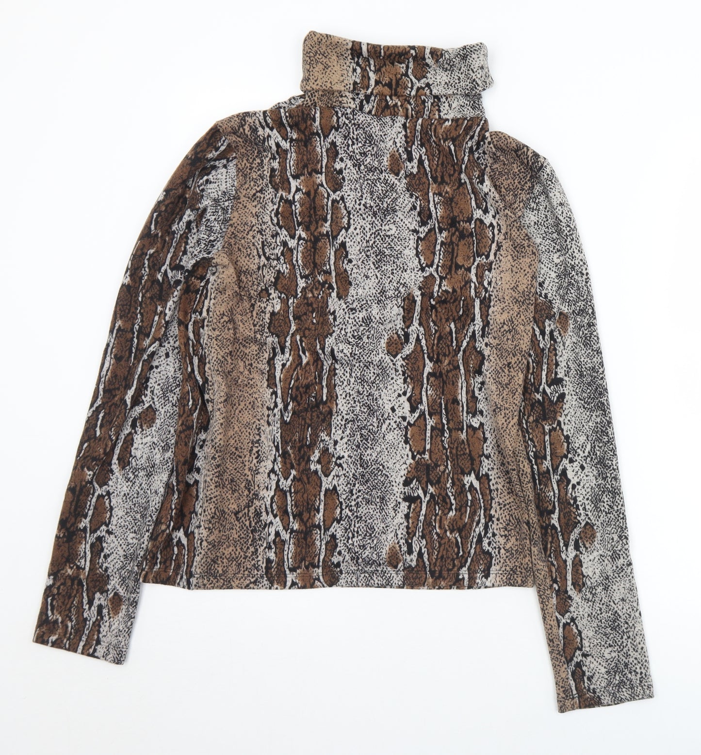 Zara Womens Brown Animal Print Polyester Jersey Polo Size 14 Roll Neck
