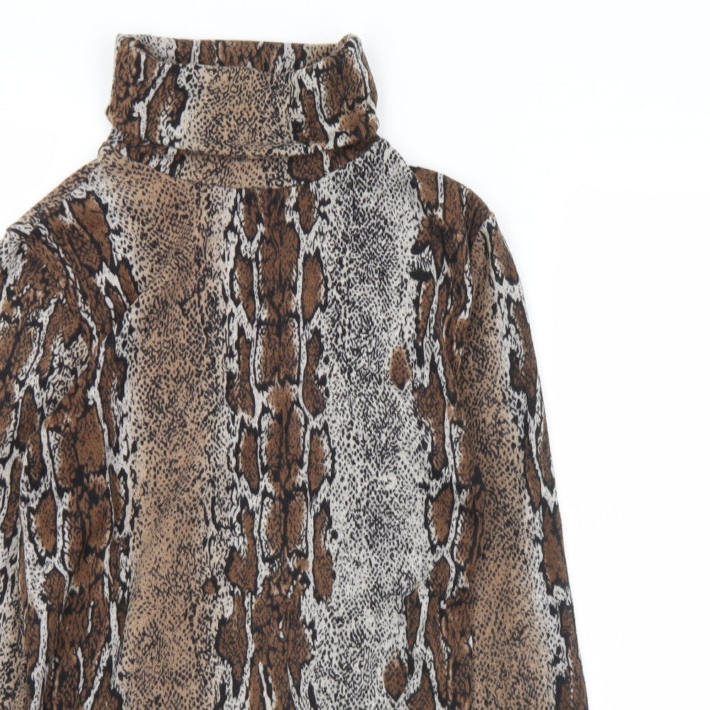 Zara Womens Brown Animal Print Polyester Jersey Polo Size 14 Roll Neck