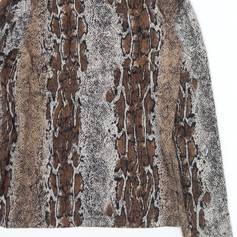 Zara Womens Brown Animal Print Polyester Jersey Polo Size 14 Roll Neck